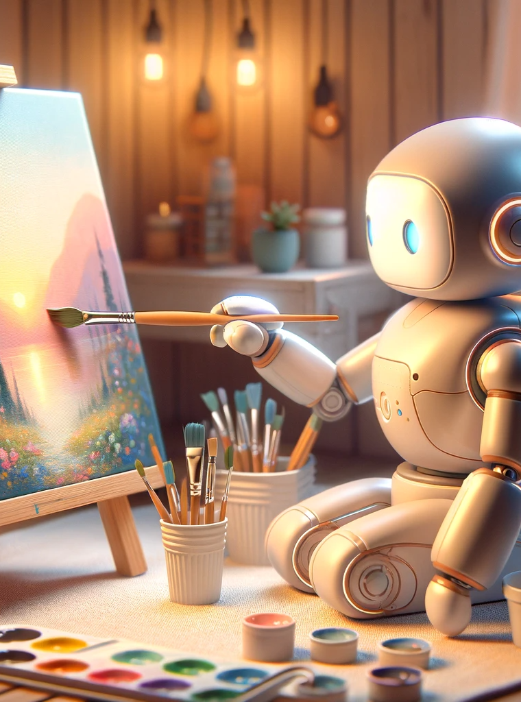 DALL·E 2023-11-14 10.28.40 - A heartwarming scene of a robot gently painting on a canvas. The robot is designed with a friendly and soft appearance, featuring smooth, rounded edge