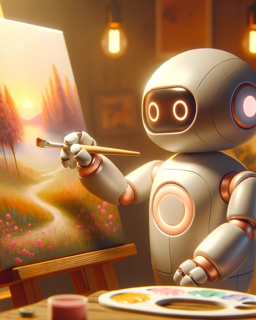 DALL·E 2023-11-14 10.30.05 - A heartwarming scene of a robot gently painting on a canvas. The robot is designed with a friendly and soft appearance, featuring smooth, rounded edge